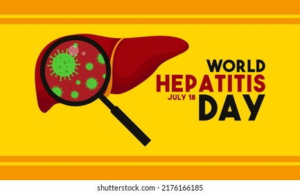 World hepatitis day design background. Vector illustration of a virus-infected liver organ viewed with a magnifying glass. Poster or banner. July 28.