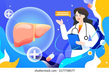 World hepatitis day, doctor examines liver to treat hepatitis disease, vector illustration