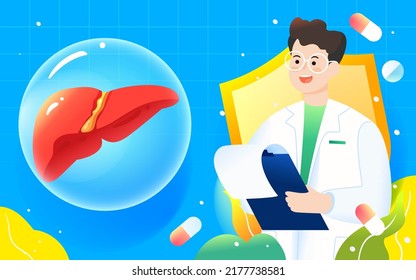 World hepatitis day, doctor examines liver to treat hepatitis disease, vector illustration