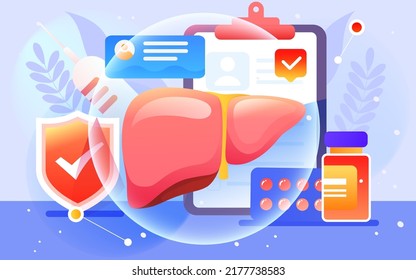 World hepatitis day, doctor examines liver to treat hepatitis disease, vector illustration