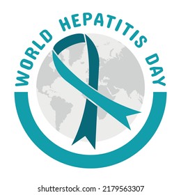 World Hepatitis Day July 28 badge design. Green awareness ribbon, planet earth  and text. Square composition. Isolated on a white layer.