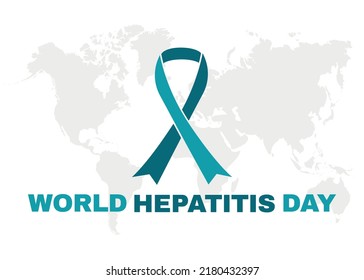 World Hepatitis Day July 28 banner or poster design. Green awareness ribbon, world map and text. For printing, web banners or social media posts. Isolated on a white layer.