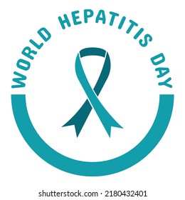 World Hepatitis Day July 28 badge design. Green awareness ribbon and text. For printing, web banners or social media posts. Square composition. Isolated on a white layer.