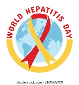 World Hepatitis Day July 28 badge design. Red and yellow awareness ribbon, planet earth and text. . Square composition. Isolated on a white layer.