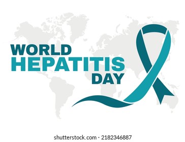 World Hepatitis Day July 28 banner or poster design. Green awareness ribbon, world map and text. For printing, web banners or social media posts. Isolated on a white layer.