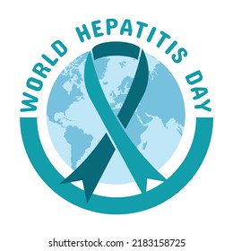 World Hepatitis Day July 28 badge design. Green awareness ribbon, planet earth and text. Square composition. Isolated on a white layer.