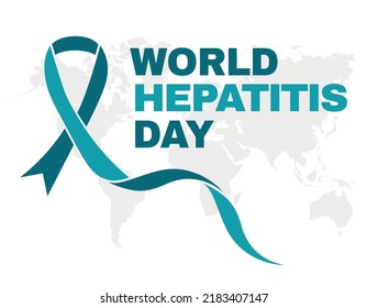 World Hepatitis Day July 28 banner or poster design. Green awareness ribbon, world map and text. For printing, web banners or social media posts. Isolated on a white layer.