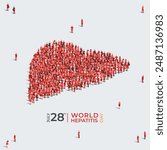 World Hepatitis day Liver concept. 28th July. A large group of people form to create a shape liver. People organ icon series. Vector illustration.