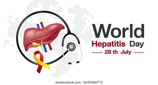 World Hepatitis Day. Liver, stethoscope and ribbon. Suitable for posters, banners and social media. White background.