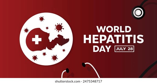 World Hepatitis Day. Liver, virus, plus icon, and stethoscope. Great for cards, banners, posters, social media and more. Red background. 