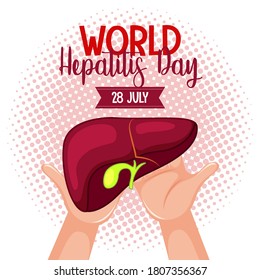 Logo o cartel del Día Mundial de la Hepatitis con las manos sosteniendo la ilustración del hígado