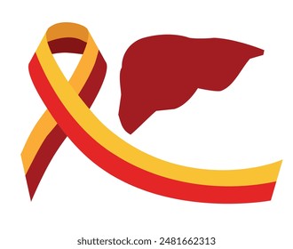 Día Mundial de la Hepatitis - Larga conciencia de la cinta roja y amarilla rodando alrededor del diseño del Vector del signo del hígado.