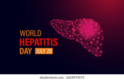 Conceito de conscientização médica do Dia Mundial da Hepatite. Design de baixo poli com arames brilhantes em fundo vermelho e azul. Fígado com estetoscópio e modelo de design de fundo da faixa realista.