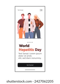 World Hepatitis Day is observed each year on 28 July to raise awareness on viral hepatitis. Young people stand side by side together with yellow and red ribbon. Web design and mobile template.
