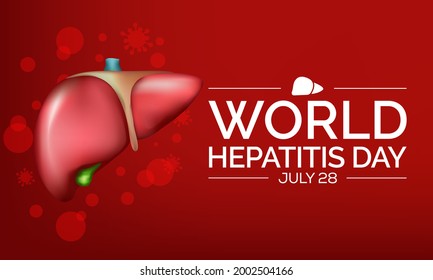 Der weltweite Hepatitis-Tag wird jedes Jahr am 28. Juli beobachtet. Wenn die Leber entzündet oder beschädigt wird, kann ihre Funktion beeinträchtigt werden und bestimmte medizinische Erkrankungen können Hepatitis verursachen. Vektorgrafik.