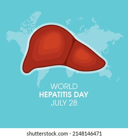 WeltHepatitis-Tag am 28. Juli, Vektorgrafik. Gesunde rote Leber und Weltkarte Silhouette Symbol Vektorgrafik. Globales Hepatitis-Bewusstsein. Wichtiger Tag