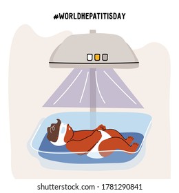 World Hepatitis Day. Phototherapy of newborns for hepatitis. Newborn in a special box under a phototherapy lamp. Vector flat illustration in cartoon style with hashtag from World Health Organization.