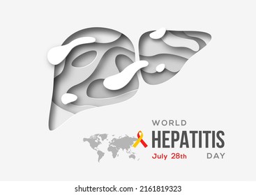 World hepatitis day poster, paper cut 3d white liver icon. Vector illustration. Hepatic desease, cancer and cirrhosis abstract concept graphic minimal design.