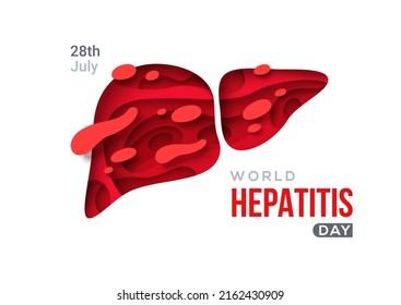 World hepatitis day poster, paper cut 3d red liver icon. Vector illustration. Hepatic desease, cancer and cirrhosis abstract concept graphic.