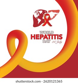 Afiche del Día Mundial de la Hepatitis, icono de hígado rojo cortado en papel en 3D. Ilustración vectorial. Enfermedad hepática, cáncer y cirrosis concepto gráfico abstracto.
