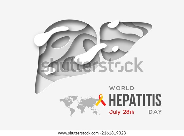 World hepatitis day\
poster, paper cut 3d white liver icon. Vector illustration. Hepatic\
desease, cancer and cirrhosis abstract concept graphic minimal\
design.