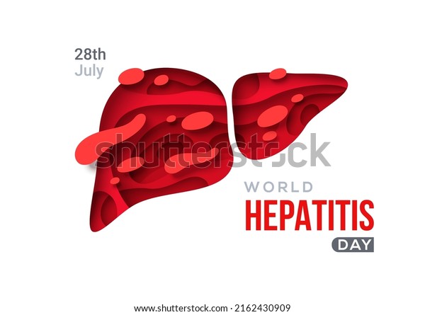 World hepatitis day poster, paper cut 3d\
red liver icon. Vector illustration. Hepatic desease, cancer and\
cirrhosis abstract concept\
graphic.