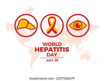 World Hepatitis Day poster with ribbon, liver and eye icon set vector. Red yellow awareness ribbon, inflammation of the liver, jaundice and cirrhosis icon set vector. July 28 every year. Important day
