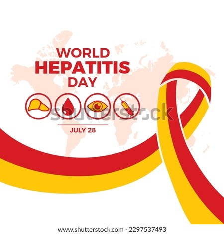 World Hepatitis Day poster with ribbon and medical icon set vector. Red yellow awareness ribbon, inflammation of the liver, jaundice and cirrhosis icon set vector. July 28 every year. Important day