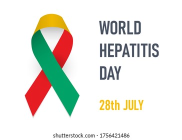 Día mundial de la hepatitis. Cinta roja, amarilla y verde jade como símbolo de la hepatitis A,B,C. Ilustración del vector sobre fondo blanco