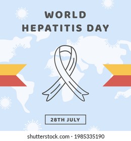 Día Mundial de la Hepatitis. Cartel cuadrado, publicación en medios sociales o plantilla de historia en medios sociales con mapa del mundo. Afiche médico con franjas rojas y amarillas e icono de la cinta de contorno. Ilustración del vector plano.