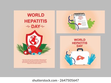 Welt-Hepatitis-Tag   Vektor elegantes Design Set Illustration Flyer, Poster, Banner Hintergründe. Gesundheitspflege menschliche Diagnose Krankheit Behandlung grafische Elemente.