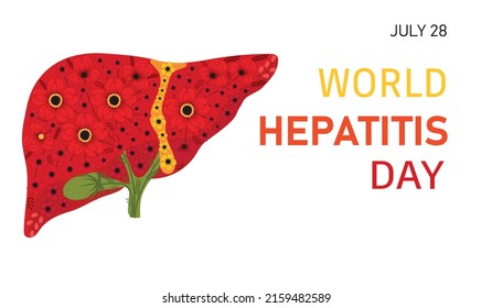 Ilustración vectorial del Día Mundial de la Hepatitis. Bandera médica con hígado