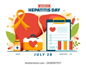 Ilustración vectorial del Día Mundial de la Hepatitis el 28 de julio de pacientes con enfermedad de hígado, cáncer y cirrosis en la atención sanitaria 