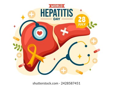Ilustración vectorial del Día Mundial de la Hepatitis el 28 de julio de pacientes con enfermedad de hígado, cáncer y cirrosis en la atención sanitaria 