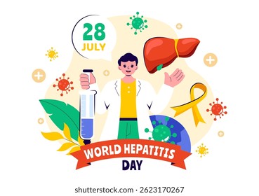 Ilustração do vetor do Dia Mundial da Hepatite em 28 de julho Apresentando um paciente, fígado doente, câncer de fígado e cirrose em um fundo de tema de saúde