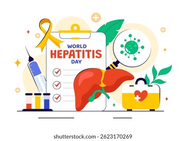 Vektor-Illustration zum Welt-Hepatitis-Tag am 28. Juli mit einem Patienten, erkrankter Leber, Leberkrebs und Leberzirrhose im Hintergrund eines Gesundheitsthemas
