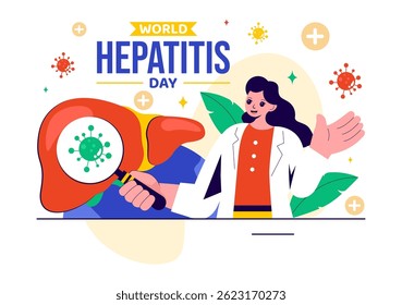 Ilustração do vetor do Dia Mundial da Hepatite em 28 de julho Apresentando um paciente, fígado doente, câncer de fígado e cirrose em um fundo de tema de saúde
