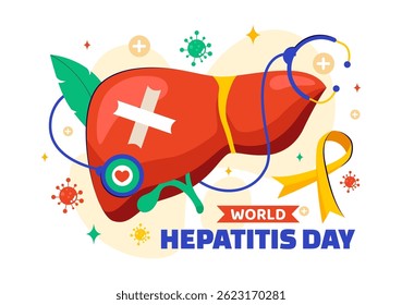Ilustração do vetor do Dia Mundial da Hepatite em 28 de julho Apresentando um paciente, fígado doente, câncer de fígado e cirrose em um fundo de tema de saúde