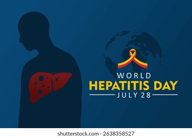 World Hepatitis Day vector illustration. Human silhouette with red infected liver and awareness ribbon on dark blue background. Medical awareness campaign to fight hepatitis disease. July 28.