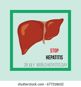 World hepatitis day. Vector illustration. The liver in a square frame with the inscription Stop hepatitis