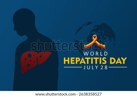 World Hepatitis Day vector illustration. Human silhouette with red infected liver and awareness ribbon on dark blue background. Medical awareness campaign to fight hepatitis disease. July 28.