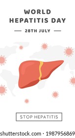 World Hepatitis Day. Vertical Banner, social media post or social media story template with world map and healthy human liver attacked by virus. Medical poster. Flat Vector illustration.