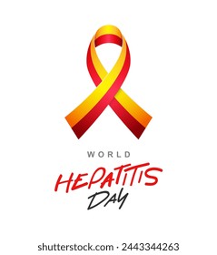 Día Mundial de la Hepatitis Cinta de reconocimiento amarillo-roja. Letras elegantes. Enfermedad inflamatoria del hígado. Ilustración vectorial sobre fondo blanco.