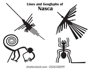 World Heritage Nazca Lines illustration set. Condor, hummingbird, monkey, spider. Monochrome illustration.