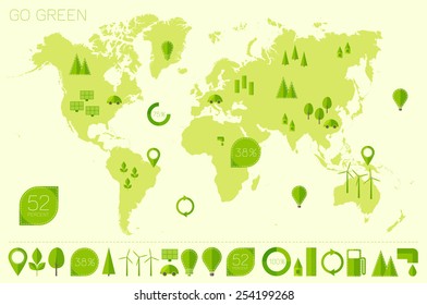 World high detailed map with set of info graphics ecology (eco) elements and icons, flat trendy vector illustration.