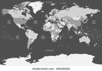 world high detailed political map in grey scales color palette