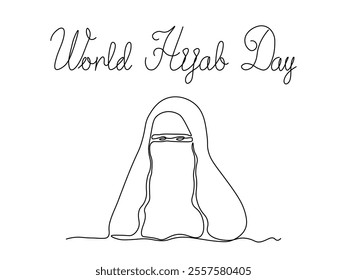 World Hijab Day. Abstract woman in hijab,continuous single line art drawing sketch, logo