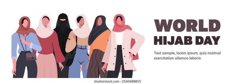 World Hijab Day is an annual event  taking place on 1 February each year. Group of young Muslim women in traditional hijabs. Vector illustration. Not AI generated