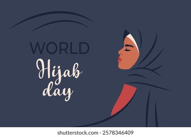 World hijab day. Beautiful Arabic woman in hijab. Horizontal banner template. Arab woman portrait. Muslim culture. Traditional national outfit. Muslim asian female character. Vector
