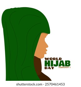 World Hijab Day to celebrate on February 1st. Illustration of a woman wearing a green hijab on a white background